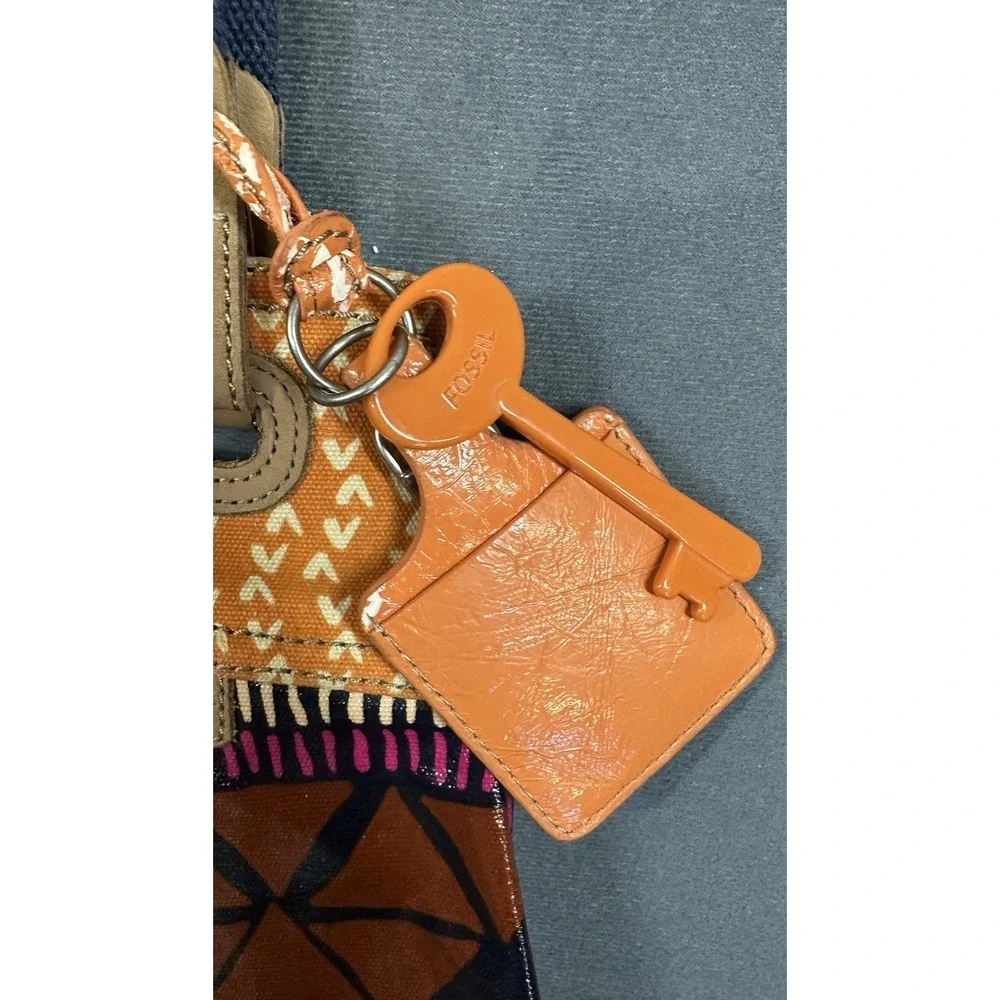 Fossil Key Per Bag Coated Canvas Shoulder Purse Tote Floral Aztec Orange Brown
